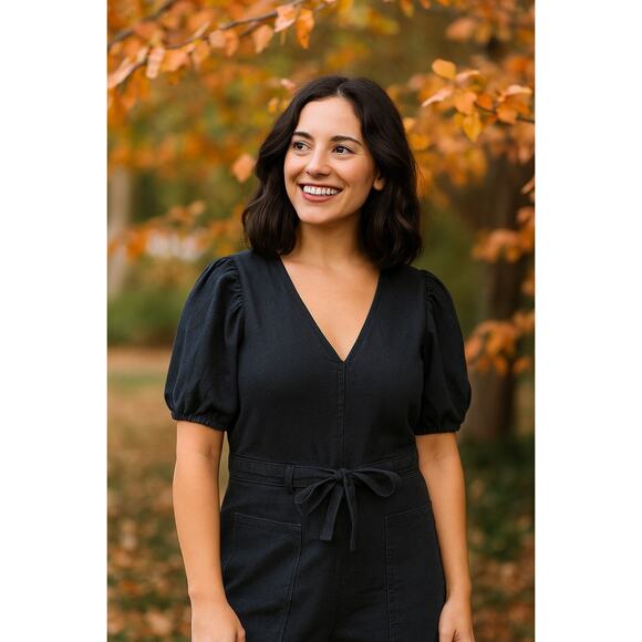 ASOS Design Soft Black Denim V-Neck Puff Sleeve Tie Waist Wide Leg Jumpsuit - Picture 3 of 8